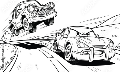 a dynamic black and white illustration depicts two cartoon cars in a high speed chase one airborne and the other pursuing with an aggressive expression