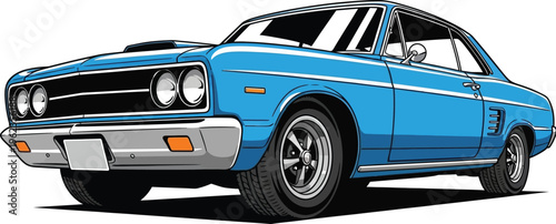 A vibrant stylized depiction of a classic blue vintage car with detailed features capturing a sense of automotive history and design