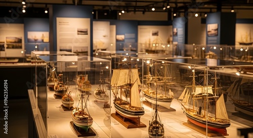 Several model ships on display in a museum exhibit with glass cases and lighting.