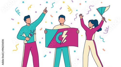 Diverse team celebrating success and achievement with banner and flag