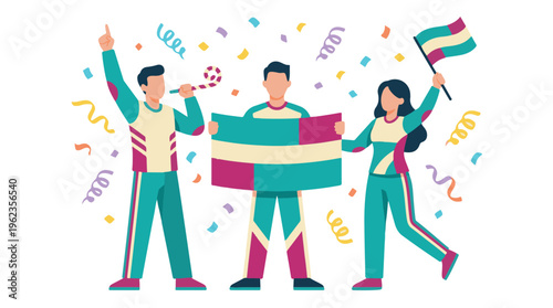 Happy people in sportswear celebrating with flags, confetti, and party blower
