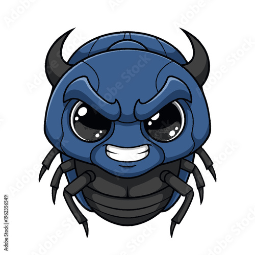 Blue Cartoon Beetle Character With Horns.