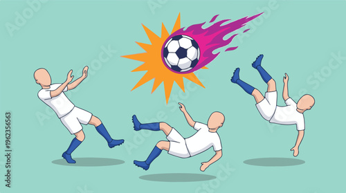Dynamic Soccer Players Reacting to a Powerful Flaming Ball Illustration