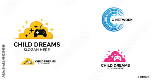 Gaming logo collection with child dreams concept controllers clouds and abstract network symbols vector illustration isolated on white background