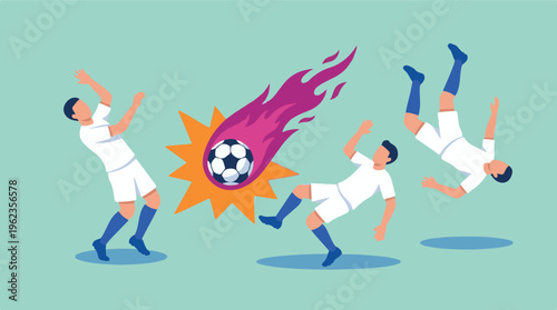 Soccer players in dramatic action with a powerful, flaming football shot.