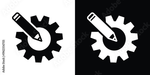 Vector icon of a pencil editing a gear wheel, symbolizing technical design, custom settings, engineering development, and process optimization. Minimalist flat black and white graphic.