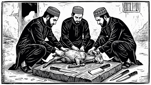 Three Men Performing Ritualistic Slaughter of a Goat.