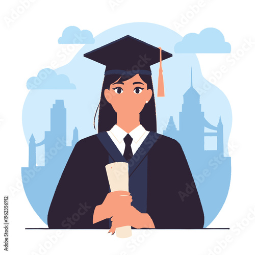 Young woman in graduation cap and gown holding diploma.