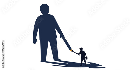 A large silhouette of a man holding a giant pencil with a small person assisting him