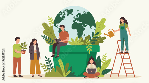 People caring for Earth, illustrating environmental protection and sustainability