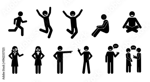 Stick figures icon set with black silhouettes and various poses and actions featuring people icons, running, jumping with sitting and meditating