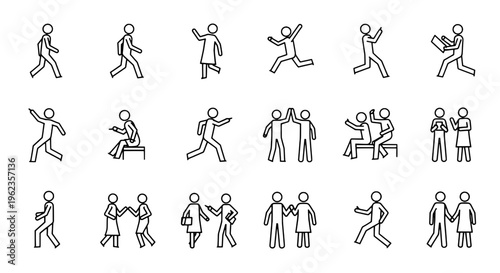 Stick figures line art set with various poses and actions in black outline on white background featuring people icons, running, walking with sitting