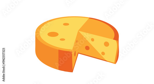 A cartoon depiction of a circular wedge of cheese with a piece cut out, showcasing a classic food item