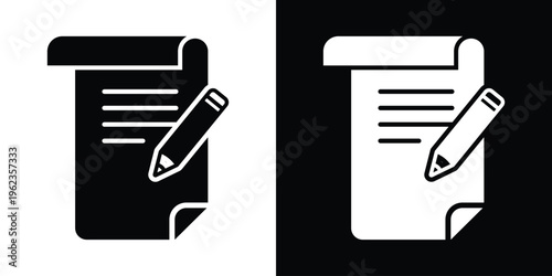 Scroll icon with pencil and text lines. Professional vector graphic symbolizing copywriting, note-taking, and documentation. Set includes both black-on-white and white-on-black versions.