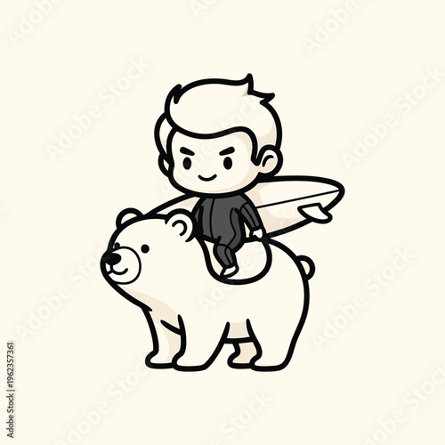 A cartoon surfer in a wetsuit, rides a polar bear with surfboard. Background is light beige. Minimalist art