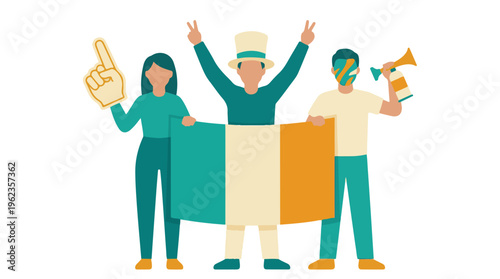Irish sports fans celebrating with national flag, foam finger, and horn