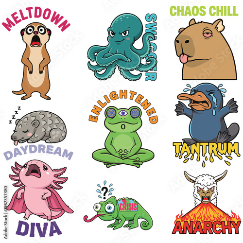 Funny Animal Mood Sticker Pack Vector. Relatable cartoon characters expressing emotions: Meltdown Meerkat, Swagger Octopus, Chill Capybara, Diva Axolotl. Humorous graphics for apparel & decals.