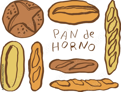 Hand drawn bread set in naive brush pen sketch style, bakery line art vector  collection