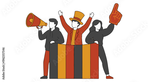 Enthusiastic fans with striped banner, megaphone, and foam finger