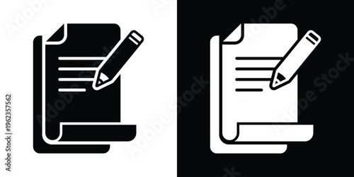 Scroll icon with pencil and text lines. Professional vector graphic symbolizing copywriting, note-taking, and documentation. Set includes both black-on-white and white-on-black versions.