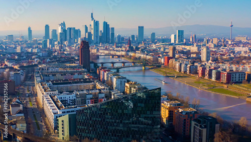 Schilderij op canvas Aerial panoramic view beside the downtown of the city Frankfurt am main on a sunny autumn afternoon in Germany