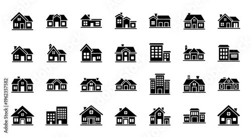 Houses black silhouette set with various architectural styles and designs featuring house, home, homes with buildings and building elements for