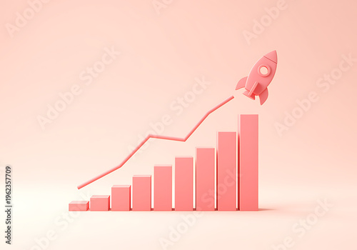 Pink 3D rocket ship flying up a bar graph chart showing business growth success