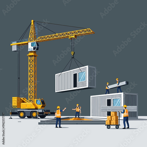 Construction workers assemble modular building with crane, lifting container module.