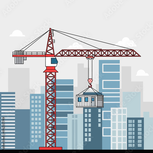 Construction crane lifting modular building unit in cityscape with skyscrapers