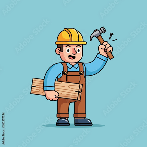 Carpenter holding wood planks and hammer, ready to build, construction worker cartoon