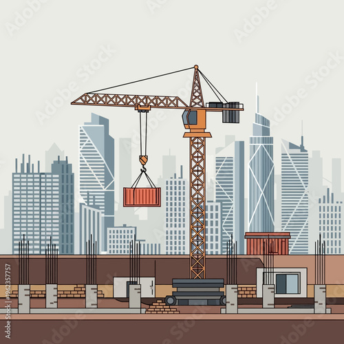 Construction Crane Lifting Container at City Building Site with Skyscrapers Background