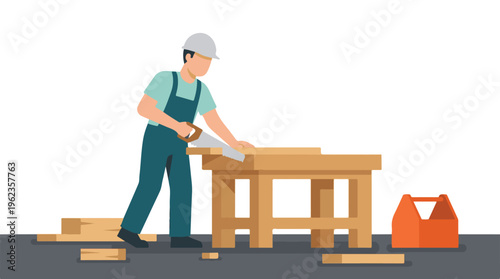 Professional carpenter sawing wood on a workbench, woodworking illustration