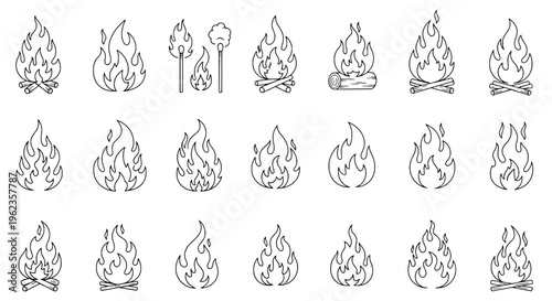 Flames line art set with black outline on white background, various camping fire and blaze illustrations