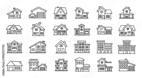 Houses line drawing set with various architectural styles and building designs featuring house, architecture, illustration with home and residential