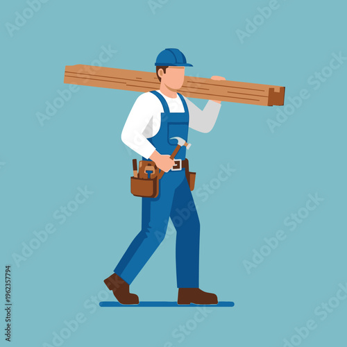 Construction worker carrying lumber on shoulder, wearing blue overalls and hard hat