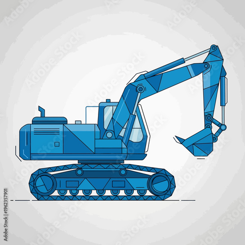 Blue Excavator Machine on Tracks, Geometric Style, Construction Equipment