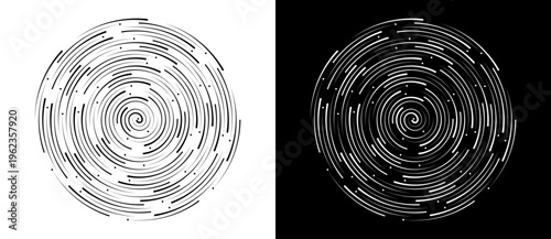 Abstract circular pattern with concentric dashed lines and dots. Minimalist vector illustration of digital star trails or vortex orbits isolated on black and white backgrounds.