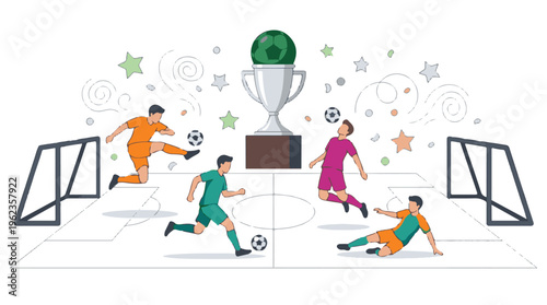 Soccer game illustration with players, goalposts, and a championship trophy