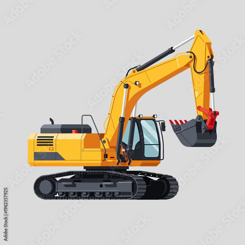 Yellow excavator construction machine with bucket on tracks, heavy equipment for digging