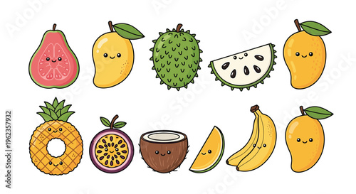 Cute tropical fruits collection with mango pineapple coconut banana and exotic cartoon characters vector illustration isolated on white background