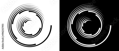 Abstract circular pattern with concentric arcs and segments. Minimalist vector illustration of tech interface element or loading symbol isolated on black and white backgrounds.