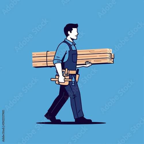Carpenter carrying wood planks, construction worker with tools, professional builder on blue background