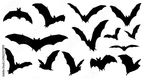 Bats flying silhouette set with various black shapes and sizes on white background featuring bat silhouettes, nocturnal animal, bat collection with