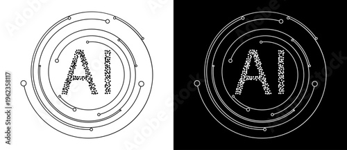 Abstract AI logo design with grainy letters and orbital lines. Minimalist vector illustration of Artificial Intelligence concept or digital network system isolated on black and white backgrounds.
