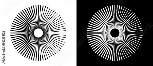 Abstract radial line circle pattern with volume effect. Minimalist vector illustration of a digital loading cycle, sunburst, or geometric rotation isolated on black and white backgrounds.