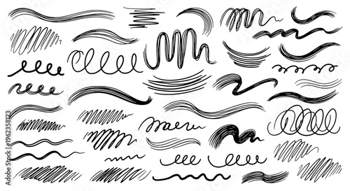 Lines hand drawn set with black curved wavy and straight scribbles and strokes on white background featuring line art, doodle, illustration with