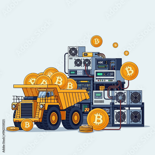 Bitcoin Mining Farm with Truck Full of Coins and ASIC Rigs