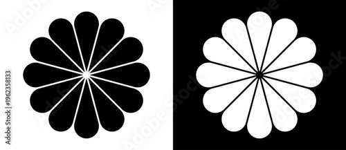 Abstract geometric flower logo with teardrop petals. Minimalist vector illustration of a symmetric floral rosette or sun symbol isolated on black and white backgrounds.
