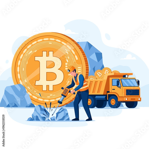 Bitcoin Mining Concept: Miner with Jackhammer and Truck Full of Bitcoins