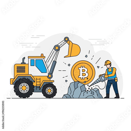 Bitcoin Mining Concept: Excavator and Miner Digging for Cryptocurrency